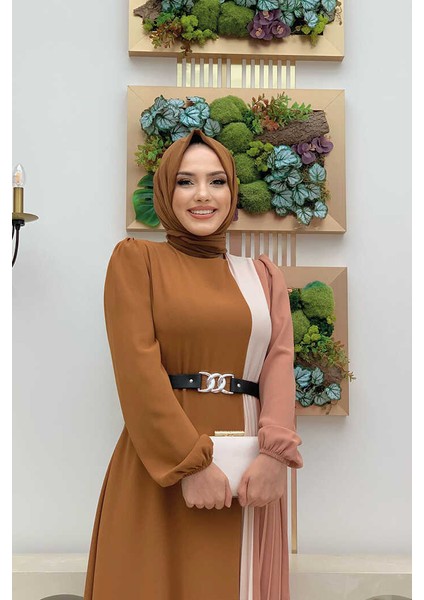 Bym Üç Renkli Bel Kemer Pilise Detay Elbise 3622 Taba fırsatları