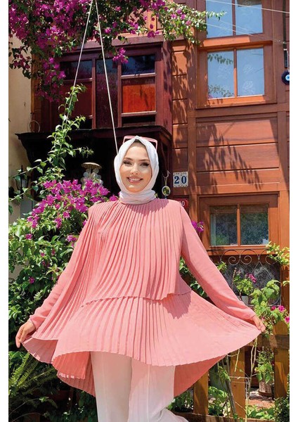 Bym Fashion Bym Çapraz Görünüm Pilise Detay Tunik 2363 Pudra