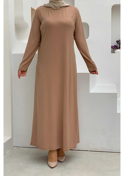 Bym Büyük Beden Düz Bisklet Yaka Uzun Kol Iç Sandy Elbise 3202-1 Taba
