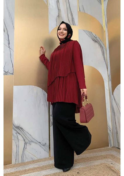 Bym Çapraz Görünüm Pilise Detay Tunik 2363 Bordo