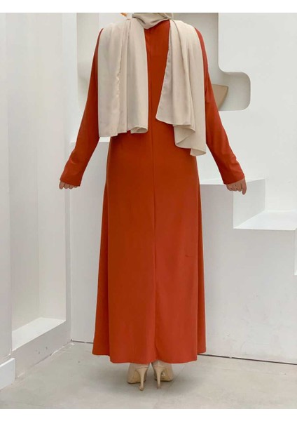 Bym Büyük Beden Düz Bisklet Yaka Uzun Kol Iç Sandy Elbise 3202-1 Kiremit