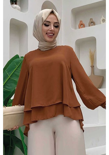 Bym Fashion Bym Kat Kat Kol Manşetli Şifon Bluz 5148 Taba