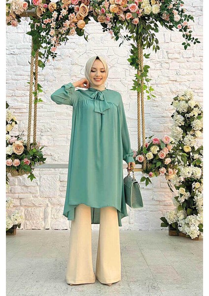 Bym Fashion Bym Yaka Detay Kuyruklu Kol Manşetli Şifon Tunik 2454 Mint