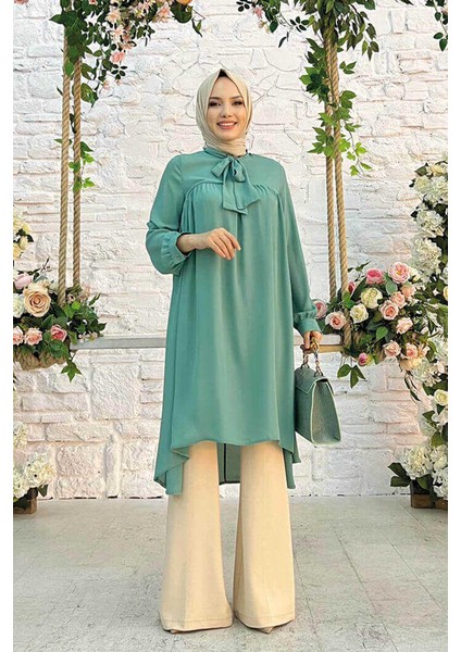 Bym Fashion Bym Yaka Detay Kuyruklu Kol Manşetli Şifon Tunik 2454 Mint