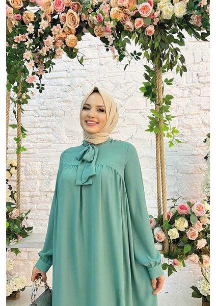 Bym Fashion Bym Yaka Detay Kuyruklu Kol Manşetli Şifon Tunik 2454 Mint