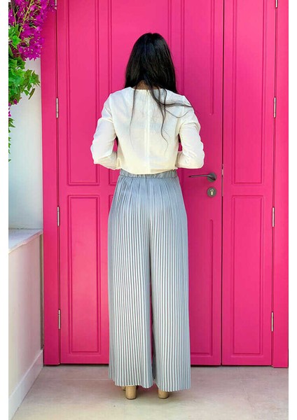 Bym Bel Lastikli Bağcık Görünümlü Piliseli Pantolon 0129 Gri