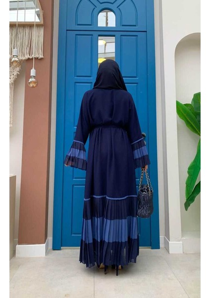 Bym Kol ve Etek Ucu Iki Renkli Bel Kuşaklı Piliseli Abaya 7454 Lacivert modelleri