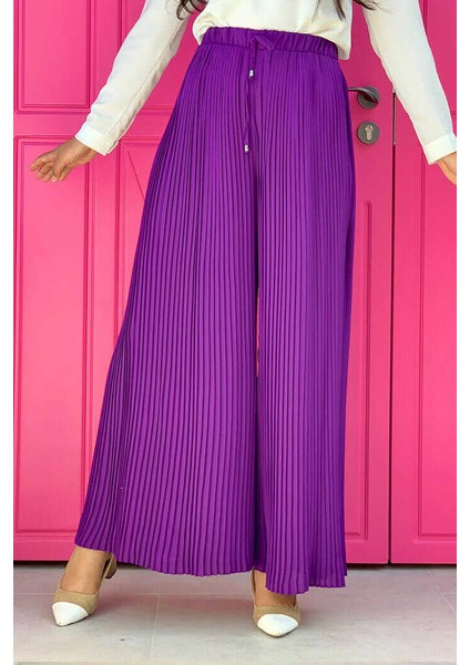 Bym Bel Lastikli Bağcık Görünümlü Piliseli Pantolon 0129 Mor