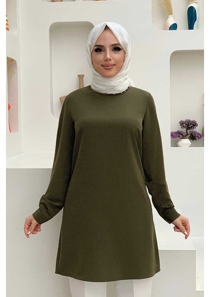 Bym Kol Manşetleri Düğmeli Bisiklet Yaka Uzun Tunik 2649 Haki
