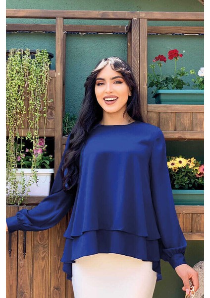 Bym Kat Kat Kol Manşetli Şifon Bluz 5148 Lacivert