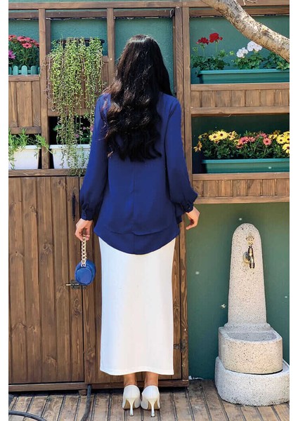 Bym Kat Kat Kol Manşetli Şifon Bluz 5148 Lacivert