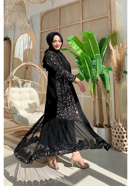 Bym Tül Işleme Detay Pul Payetli Abaya 7376 Gold fiyatları