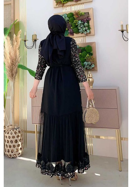 Bym Tül Işleme Detay Pul Payetli Abaya 7376 Gold modelleri