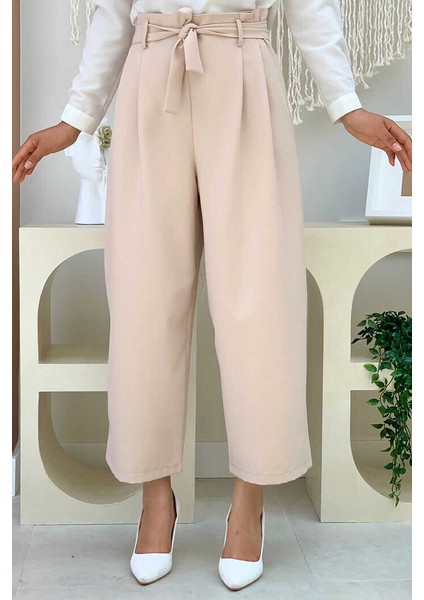 Bym Fermuarlı Bel Bağcıklı Pantolon 0174 Taş