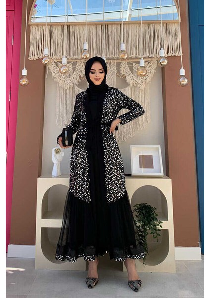 Bym Tül Işleme Detay Pul Payetli Abaya 7376 Gümüş