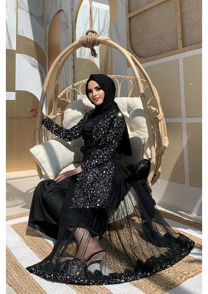 Bym Tül Işleme Detay Pul Payetli Abaya 7376 Gümüş fırsatları