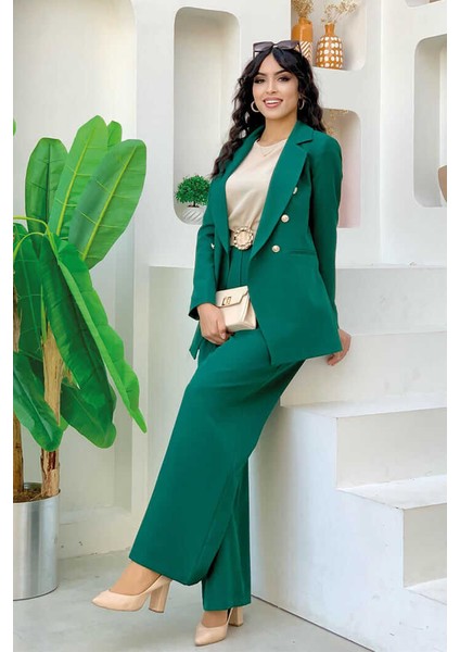 Bym Düğme Detay Blazer Ceket Bol Pantolon Takım 8302 Zümrüt fiyatları
