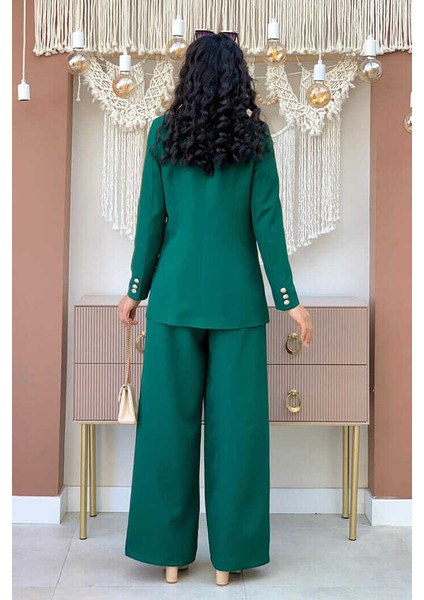 Bym Düğme Detay Blazer Ceket Bol Pantolon Takım 8302 Zümrüt modelleri