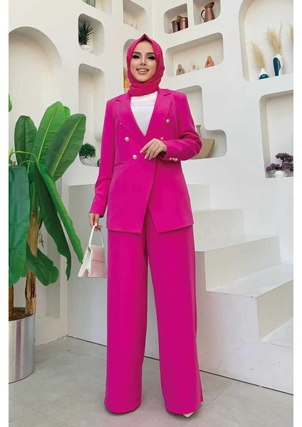 Bym Düğme Detay Blazer Ceket Bol Pantolon Takım 8302 Fuşya