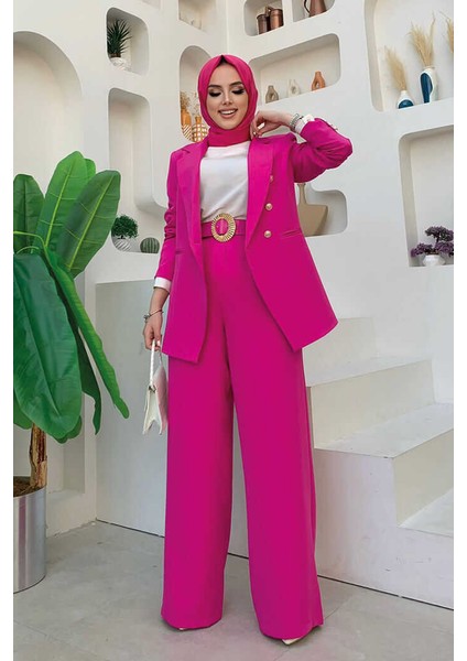 Bym Düğme Detay Blazer Ceket Bol Pantolon Takım 8302 Fuşya