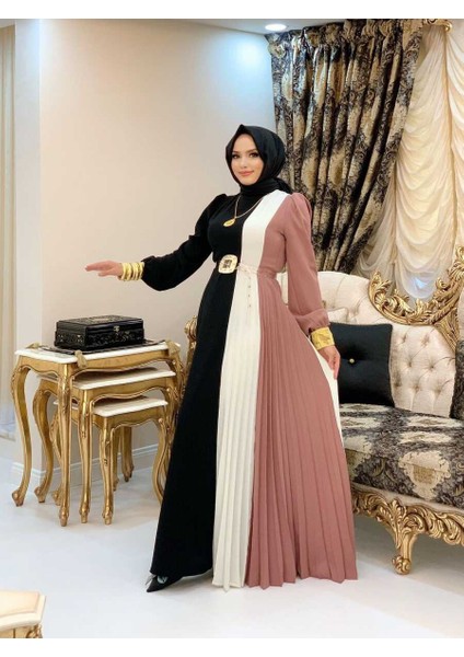 Bym Üç Renkli Bel Kemer Pilise Detay Elbise 3622 Pudra
