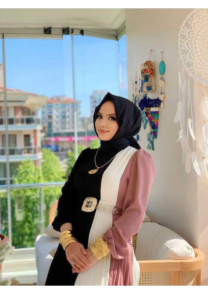 Bym Üç Renkli Bel Kemer Pilise Detay Elbise 3622 Pudra fiyatları