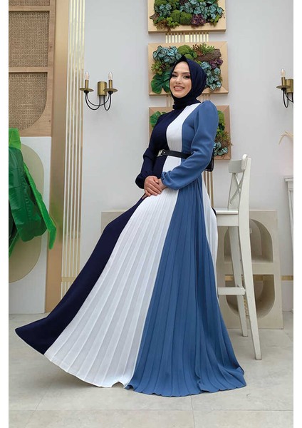 Bym Üç Renkli Bel Kemer Pilise Detay Elbise 3622 Lacivert modelleri