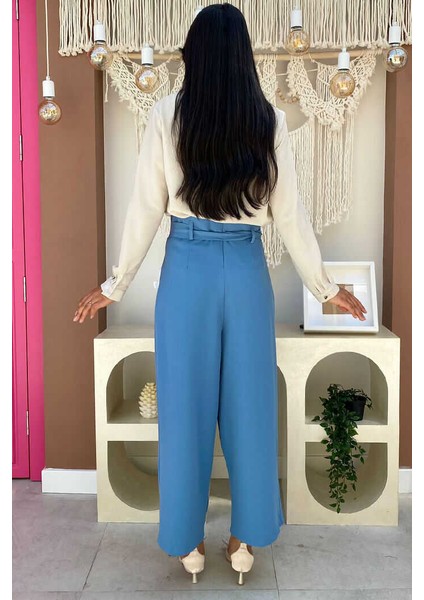 Bym Fermuarlı Bel Bağcıklı Pantolon 0174 Mavi