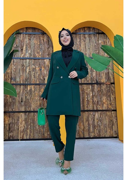 Bym Düğme Detaylı Kısa Ceket Pantolon Takım 8352 Zümrüt