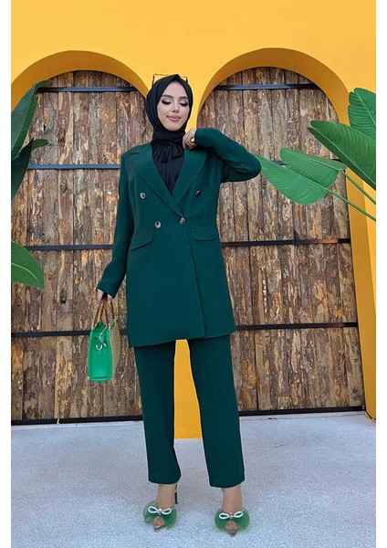 Bym Düğme Detaylı Kısa Ceket Pantolon Takım 8352 Zümrüt fiyatları