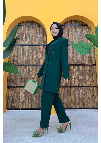 Bym Düğme Detaylı Kısa Ceket Pantolon Takım 8352 Zümrüt modelleri