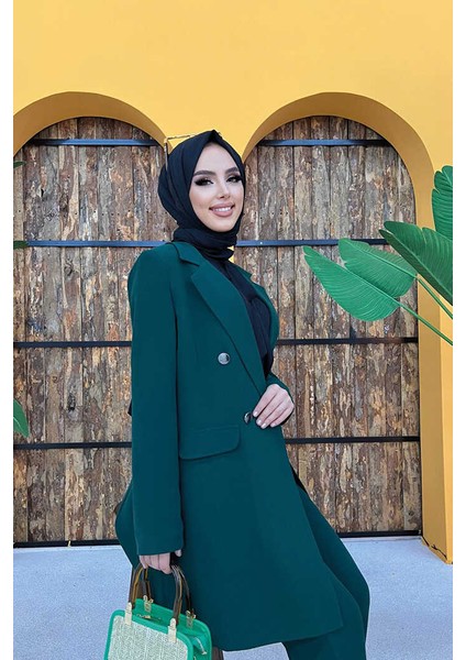 Bym Düğme Detaylı Kısa Ceket Pantolon Takım 8352 Zümrüt fırsatları