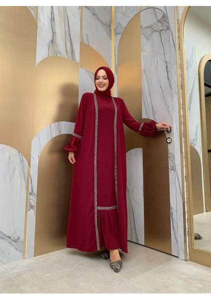 Bym Taş Detaylı Abaya Sıfır Kol Elbise Takım 3657 Bordo