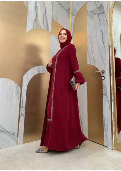 Bym Taş Detaylı Abaya Sıfır Kol Elbise Takım 3657 Bordo