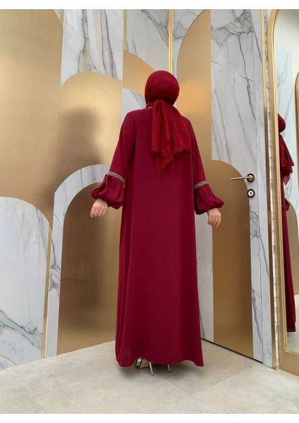 Bym Taş Detaylı Abaya Sıfır Kol Elbise Takım 3657 Bordo