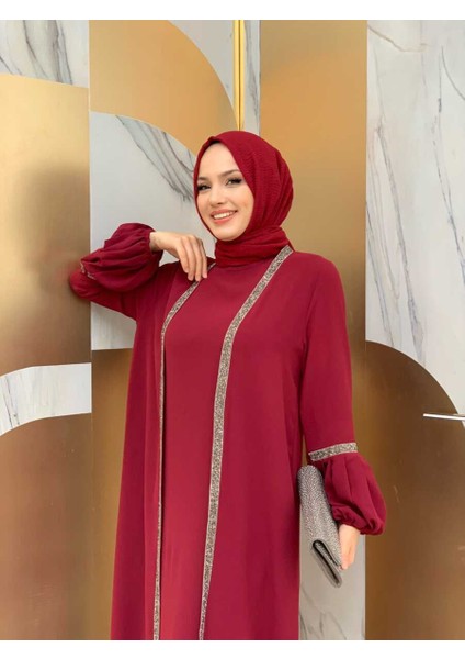 Bym Taş Detaylı Abaya Sıfır Kol Elbise Takım 3657 Bordo