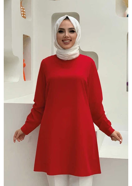 Bym Fashion Bym Kol Manşetleri Düğmeli Bisiklet Yaka Uzun Tunik 2649 Kırmızı