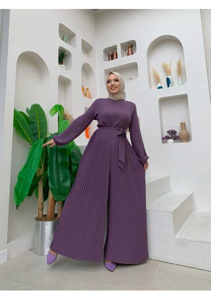 Bym Fashion Bym Eteği Pilise Detaylı Bel Kuşaklı Kol Manşetleri Lastikli Tulum 3704 Mor