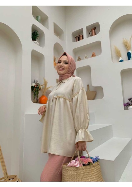 Bym Fashion Bym Fırfır Detaylı Kol Manşetleri Büzgülü Düğmeli Tunik 5330 Taş