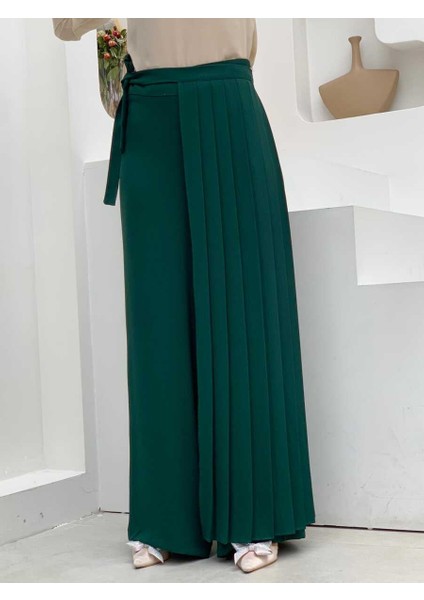 Bym Piliseli Ayrı Bağlamalı Parça Detaylı Pantolon Etek 0274 Zümrüt