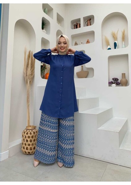 Bym Fashion Bym Boydan Düğmeli Kol Manşetli Hakim Yaka Tunik 2684 Indigo