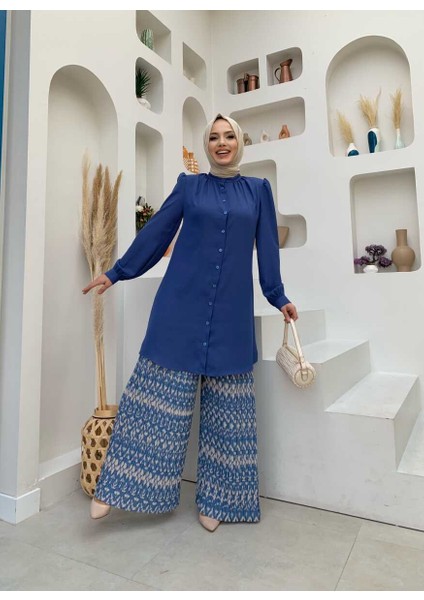 Bym Fashion Bym Boydan Düğmeli Kol Manşetli Hakim Yaka Tunik 2684 Indigo