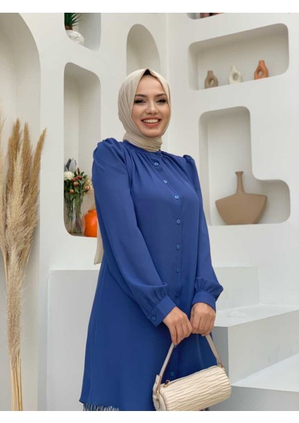 Bym Fashion Bym Boydan Düğmeli Kol Manşetli Hakim Yaka Tunik 2684 Indigo