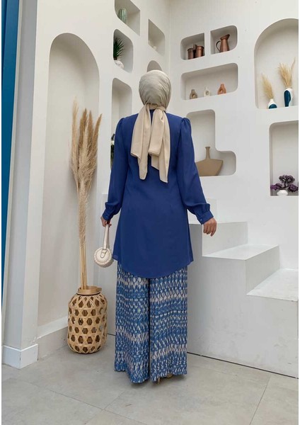 Bym Fashion Bym Boydan Düğmeli Kol Manşetli Hakim Yaka Tunik 2684 Indigo