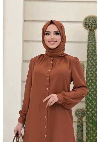 Bym Fashion Bym Boydan Düğmeli Kol Manşetli Hakim Yaka Tunik 2684 Taba