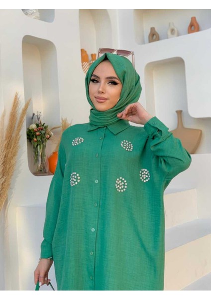 Bym Taş Detaylı Düğmeli Tunik ve Pantolon Takım 8403 Zümrüt fırsatları