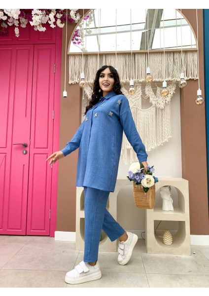 Bym Taş Detaylı Düğmeli Tunik ve Pantolonlu Ikili Takım 8404 Mavi