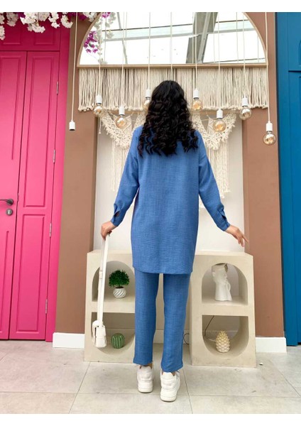 Bym Taş Detaylı Düğmeli Tunik ve Pantolonlu Ikili Takım 8404 Mavi