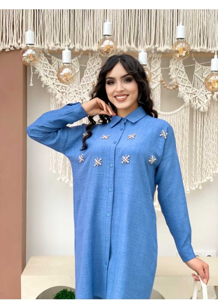 Bym Taş Detaylı Düğmeli Tunik ve Pantolonlu Ikili Takım 8404 Mavi