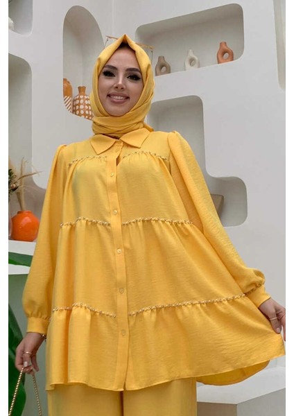 Bym Fashion Bym Kat Taş Işleme Görünümlü Düğmeli Tunik 2687 Sarı